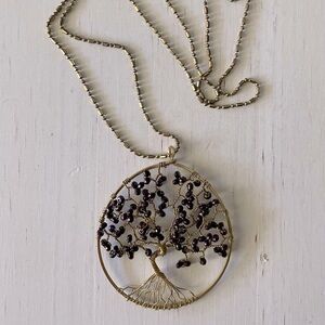 Tree of life dark purple beaded wire pendant necklace chain antique gold tone